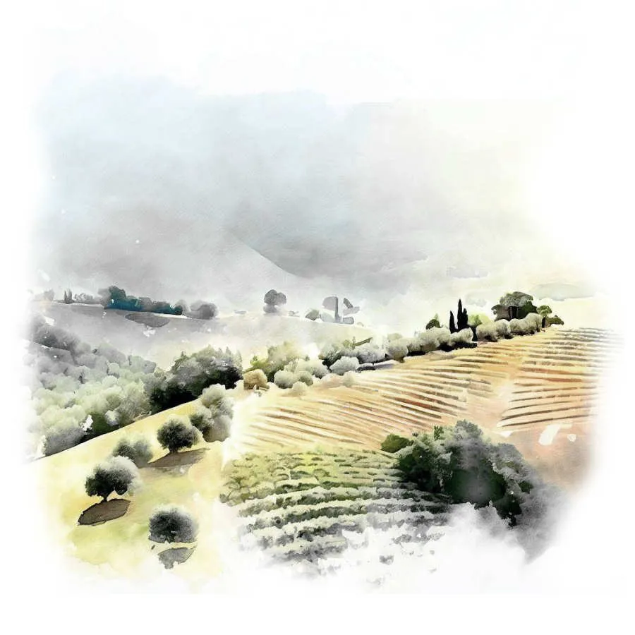 Un acquerello delle colline di Cupramontana tra vigne e ulivi
