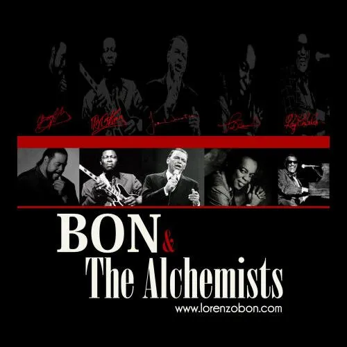 La locandina di Bon & The Alchemists, con il gruppo in bianco e nero su fondo nero