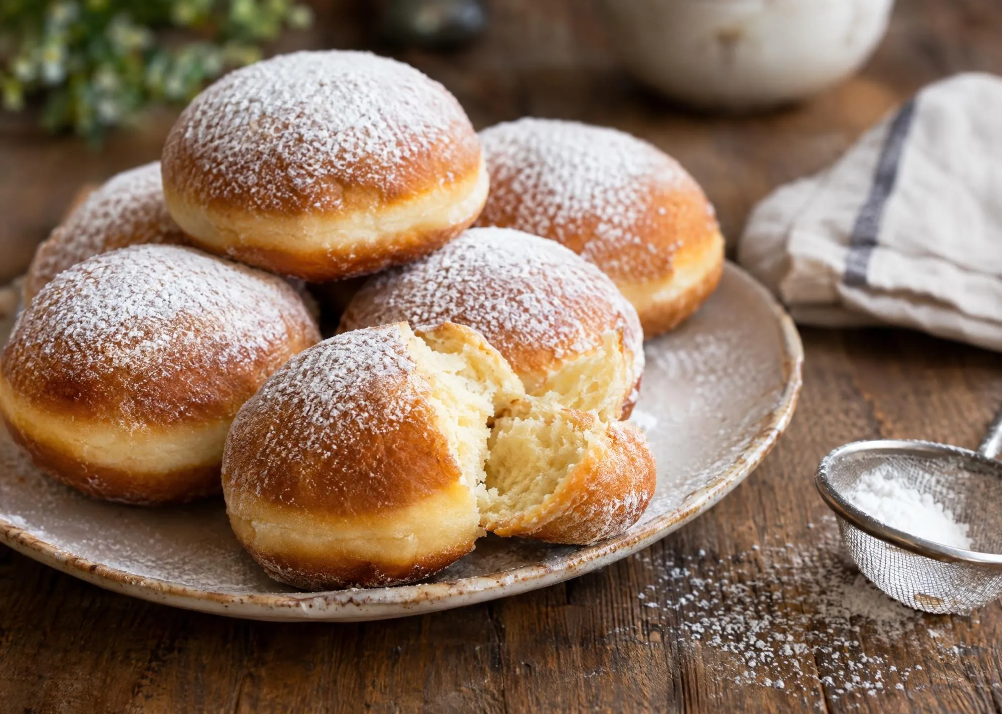 Bomboloni al forno con zucchero a velo su un piatto di ceramica