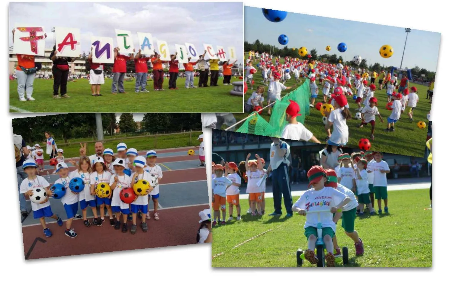 Un collage di foto di bambini con le magliette colorate e i palloni