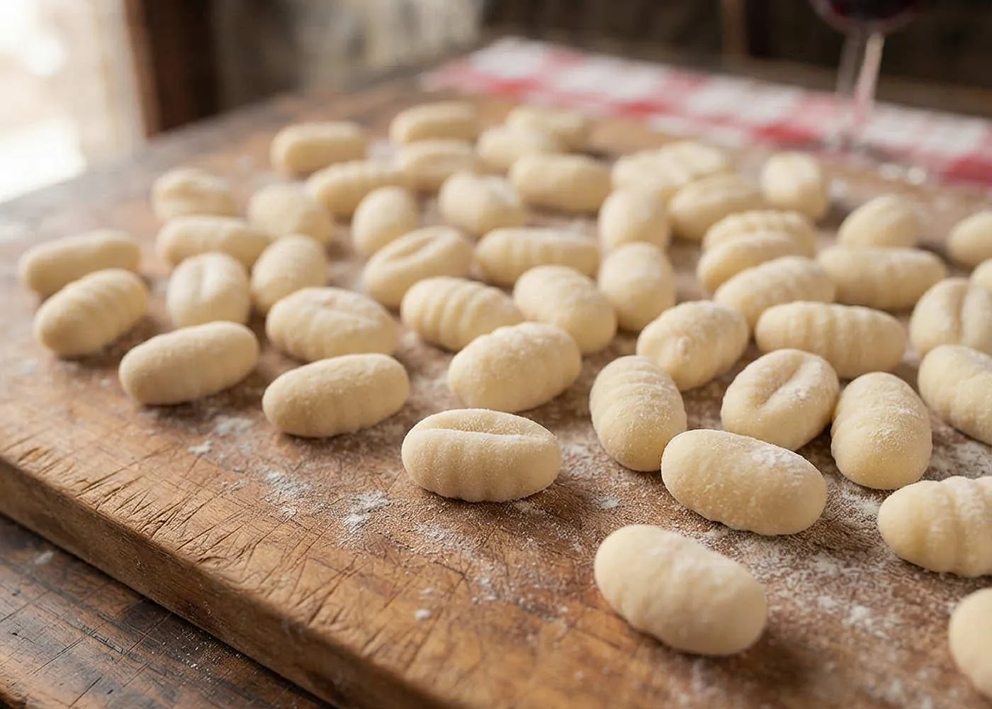 Gnocchi fatti a mano su un tagliere di legno