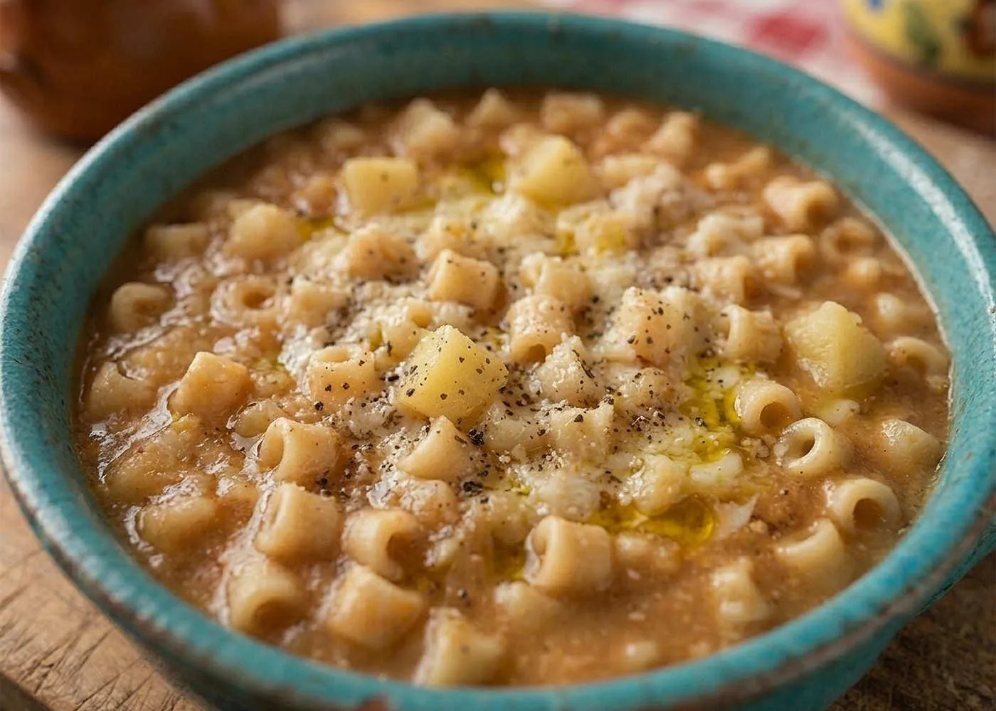 Una ciotola di pasta e patate alla napoletana su un tavolo di legno