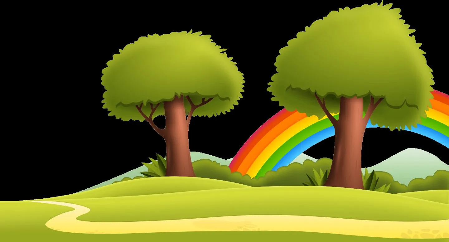 Un prato con due alberi e un arcobaleno, su fondo scuro