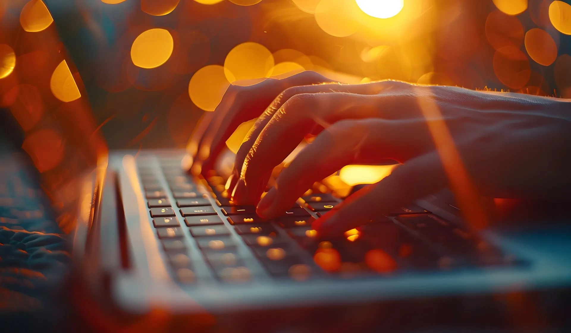Mani che scrivono su un portatile, con luci calde sfocate sullo sfondo