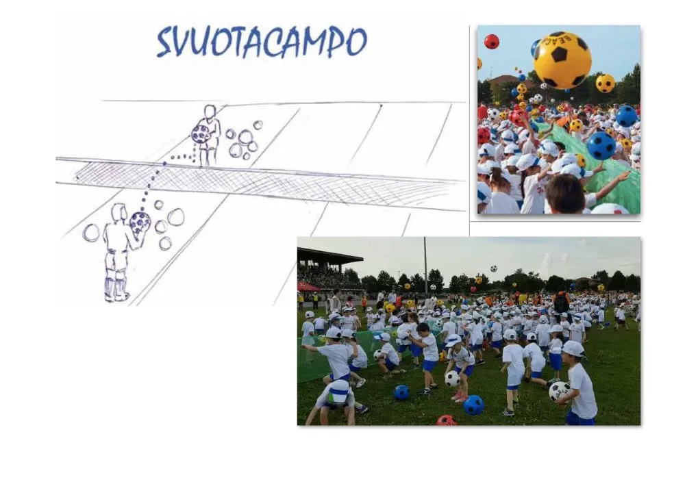 Il disegno del gioco Svuotacampo accanto a una foto dei bambini in campo