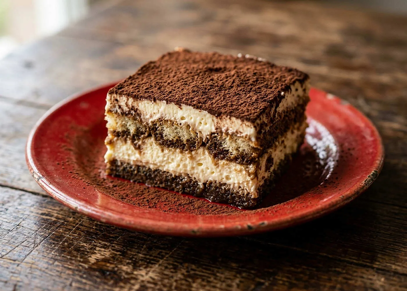 Una porzione di tiramisù su un piatto rosso